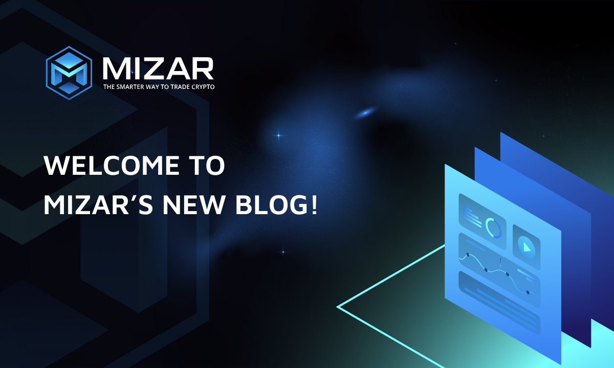 This image has navy blue and turquoise gradient background with small stars. It contains white text and the Straco logo saying "the smarter way to trade crypto". The image also contains an exemplary site of the blog including a graph and piechart. 