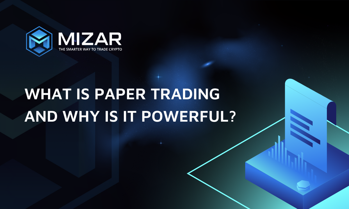 This image has navy blue and turquoise gradient background with small stars. It contains white text and the Straco logo saying "the smarter way to trade crypto". The image also contains an exemplary site of the document on top of a square block including a bar chart.