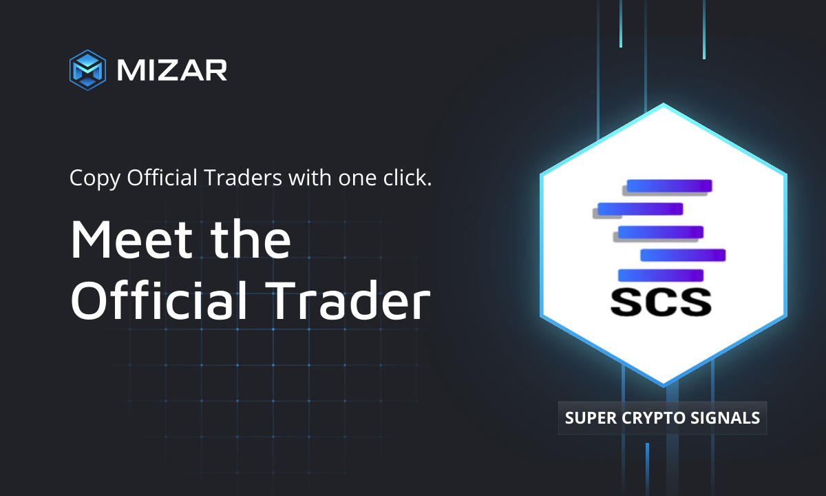 Black background with blue checks and white text. Contains the Straco logo and a hexagon with a logo of Super Crypto Signals. 
