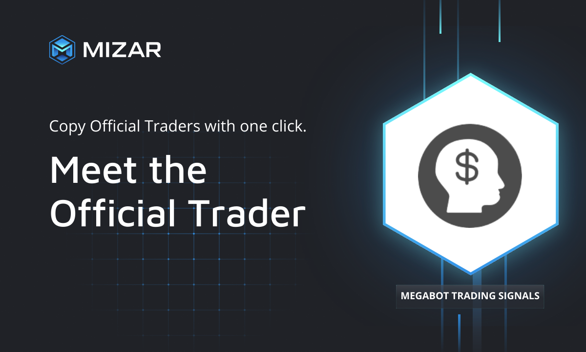 Black background with blue checks and white text. Contains the Straco logo and a hexagon with a logo of  MegaBotSignals . 