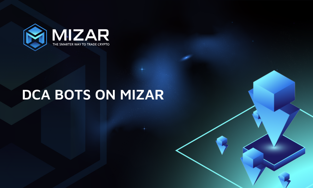 This image has navy blue and turquoise gradient background with small stars. It contains white text and the Straco logo saying "dca bots on mizar". The image also contains triangular and cubed shaped figures.  