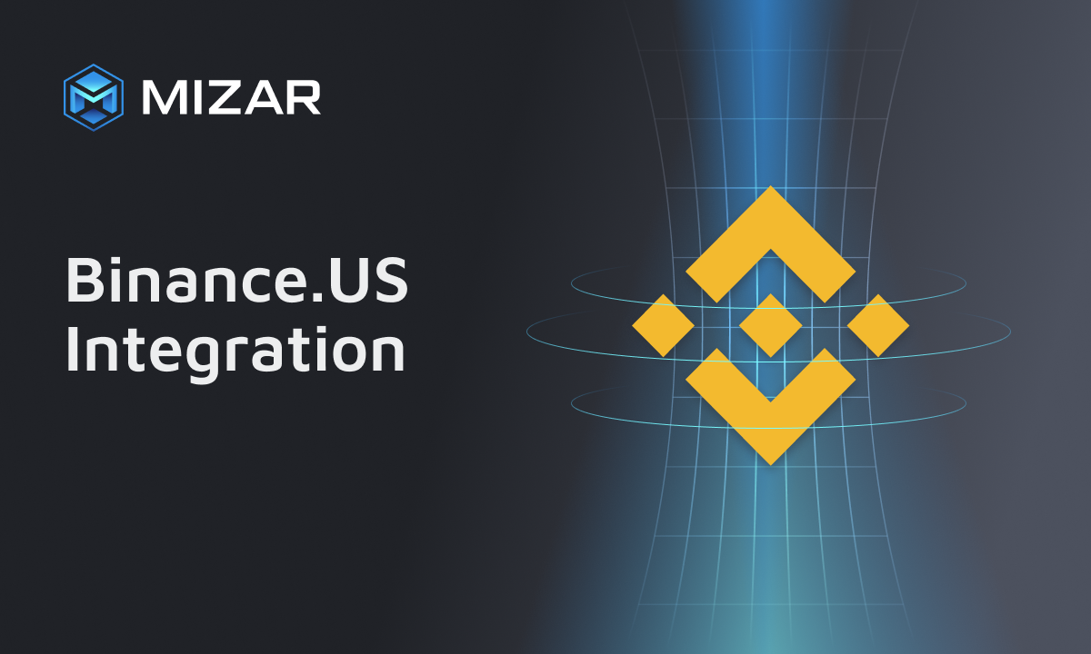 This image has navy blue and turquoise gradient background with small stars. It contains white text and the Straco logo saying "the smarter way to trade crypto". The image also contains the yellow Binance.US logo. 

