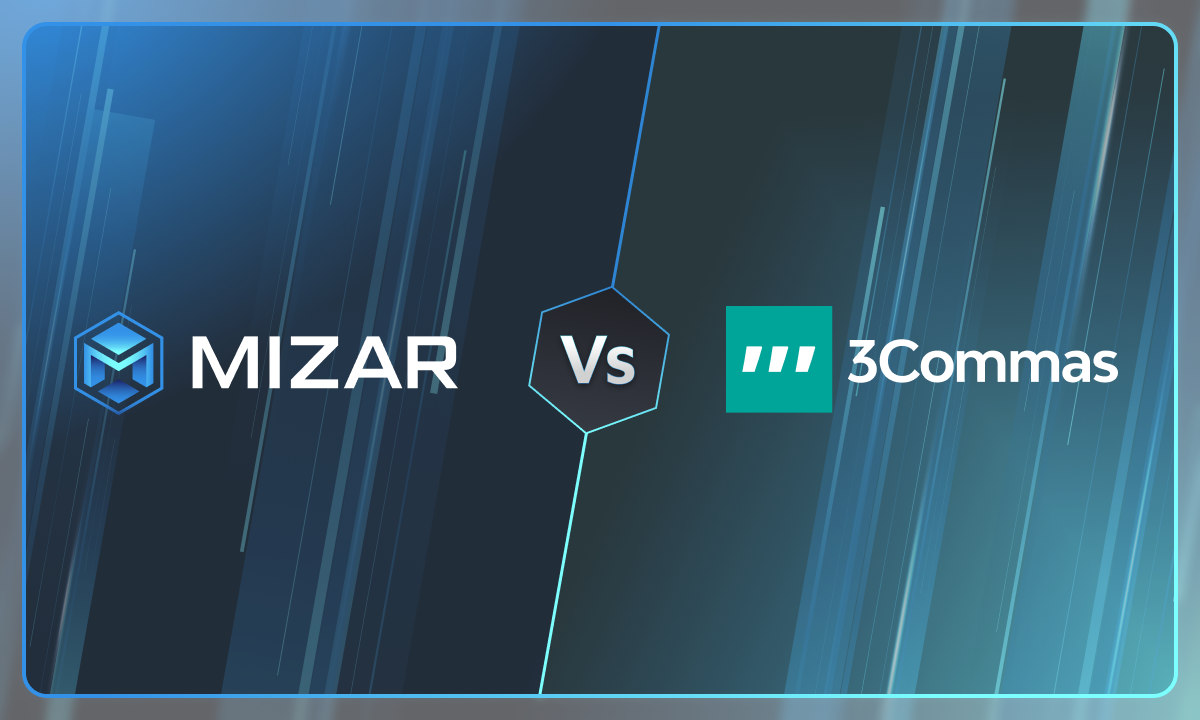 This image has navy blue and turquoise gradient background with small stars. It contains white text and the Straco logo saying "the smarter way to trade crypto". The image also contains a green 3commas logo. 
