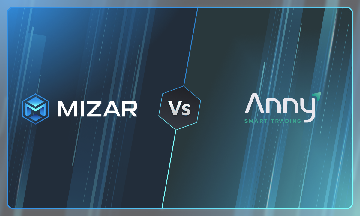 This image has navy blue and turquoise gradient background with small stars. It contains white text and the Straco logo saying "the smarter way to trade crypto". The image also contains a Anny Trade logo. 
