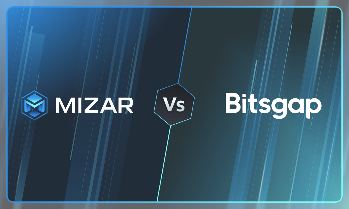 This image has navy blue and turquoise gradient background with small stars. It contains white text and the Straco logo saying "the smarter way to trade crypto". The image also contains a Bitsgap logo. 
