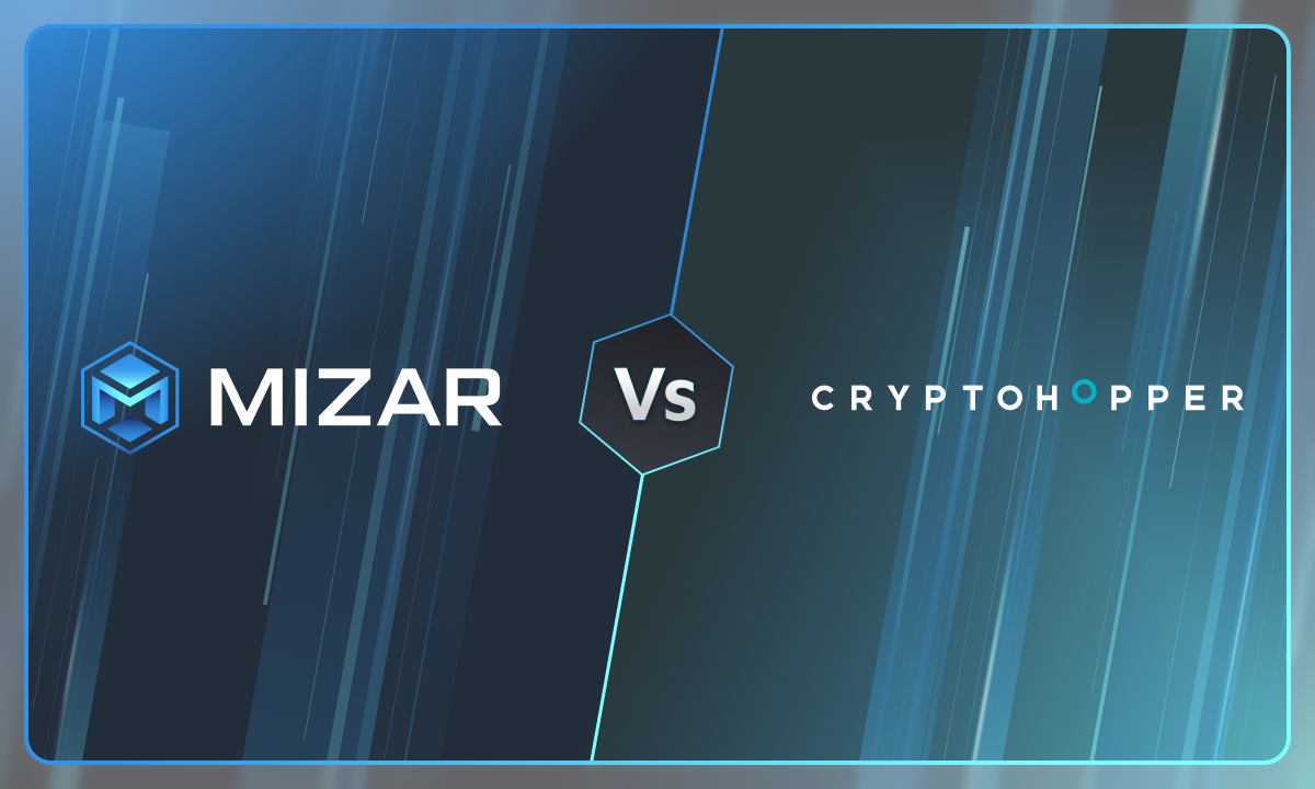 This image has navy blue and turquoise gradient background with small stars. It contains white text and the Straco logo saying "the smarter way to trade crypto". The image also contains a grey Cryptohopper logo. 
